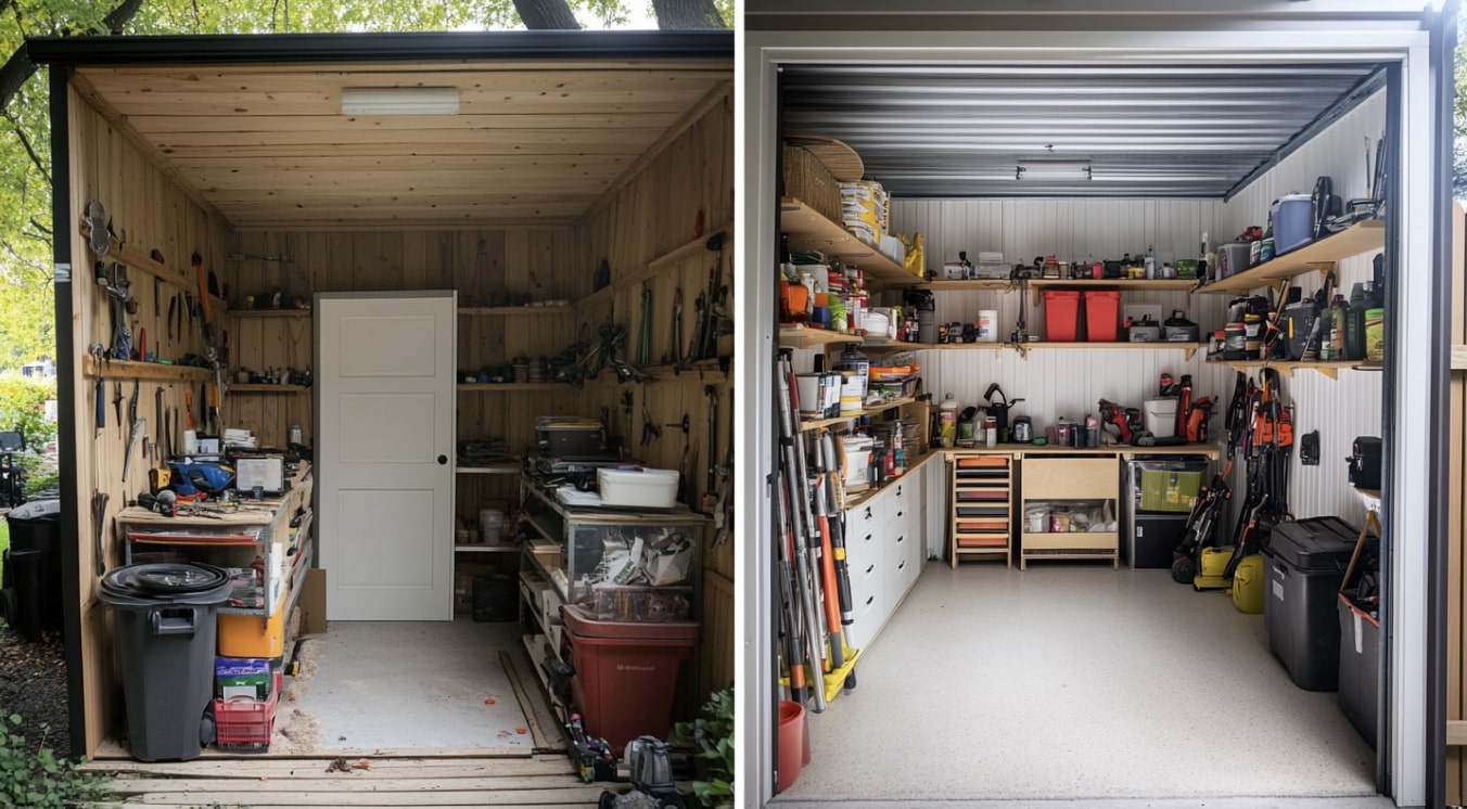 Comparaison entre un cabanon rangé et un cabanon avec des rangements