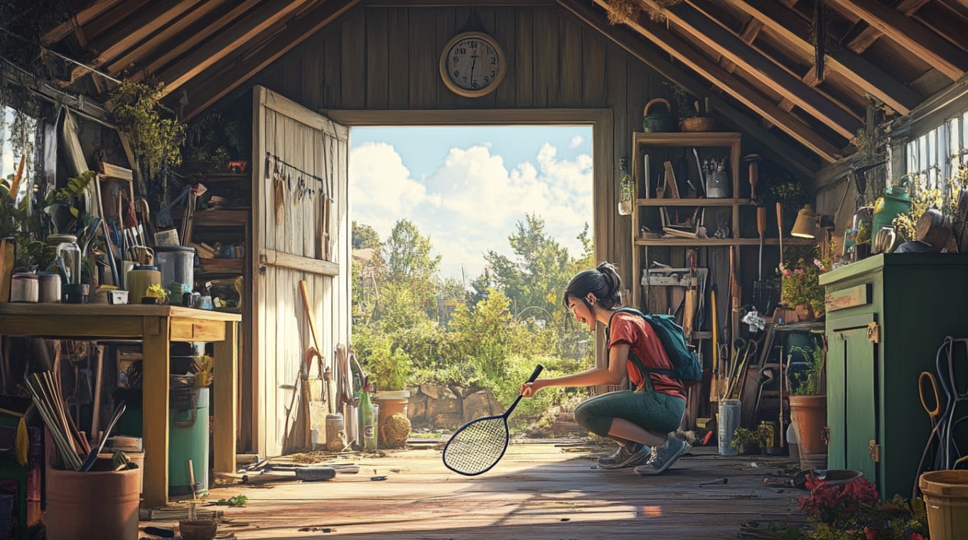 Fillette qui trouve une vielle raquette dans son cabanon